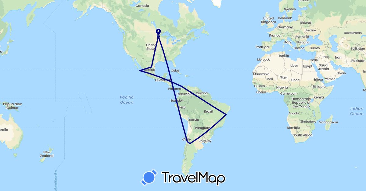 TravelMap itinerary: driving in Argentina, Brazil, Chile, Colombia, Mexico, United States (North America, South America)